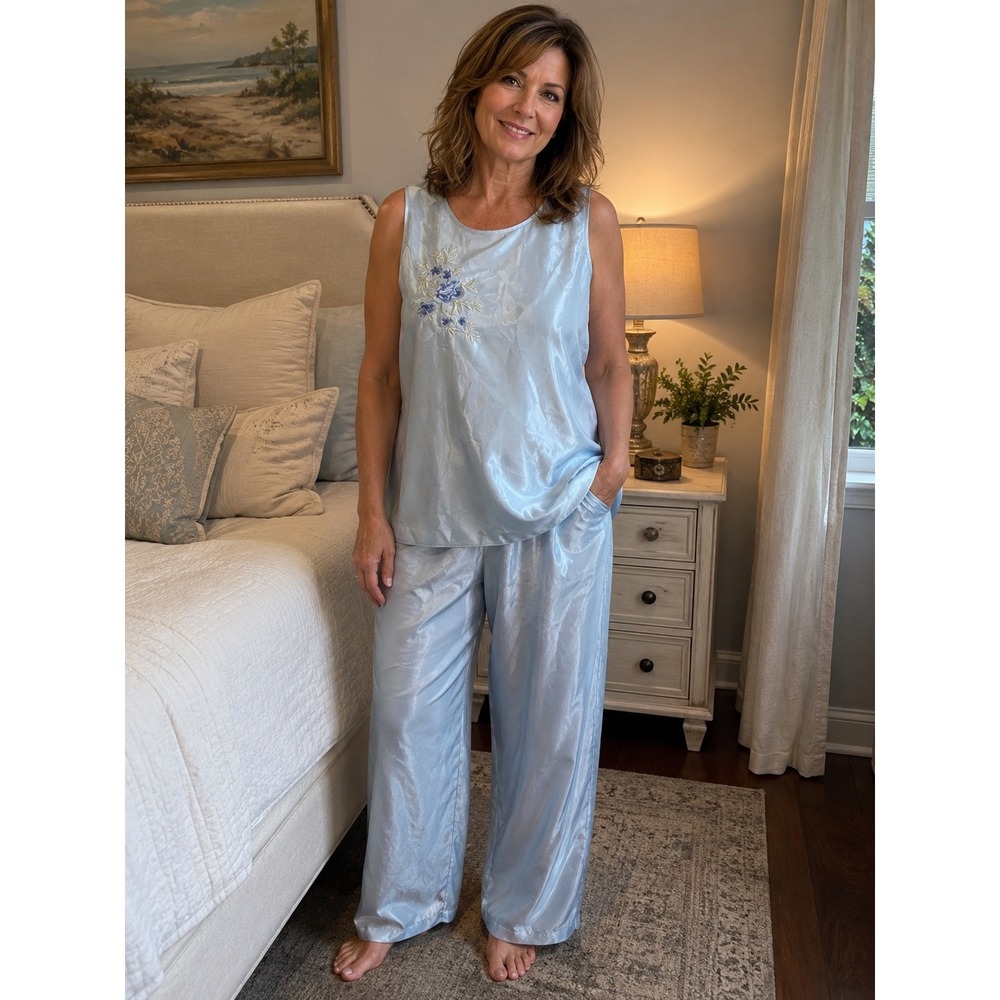 Vtg California Dynasty 2-piece Sleeveless Sleep Set XL Light Blue Pajamas